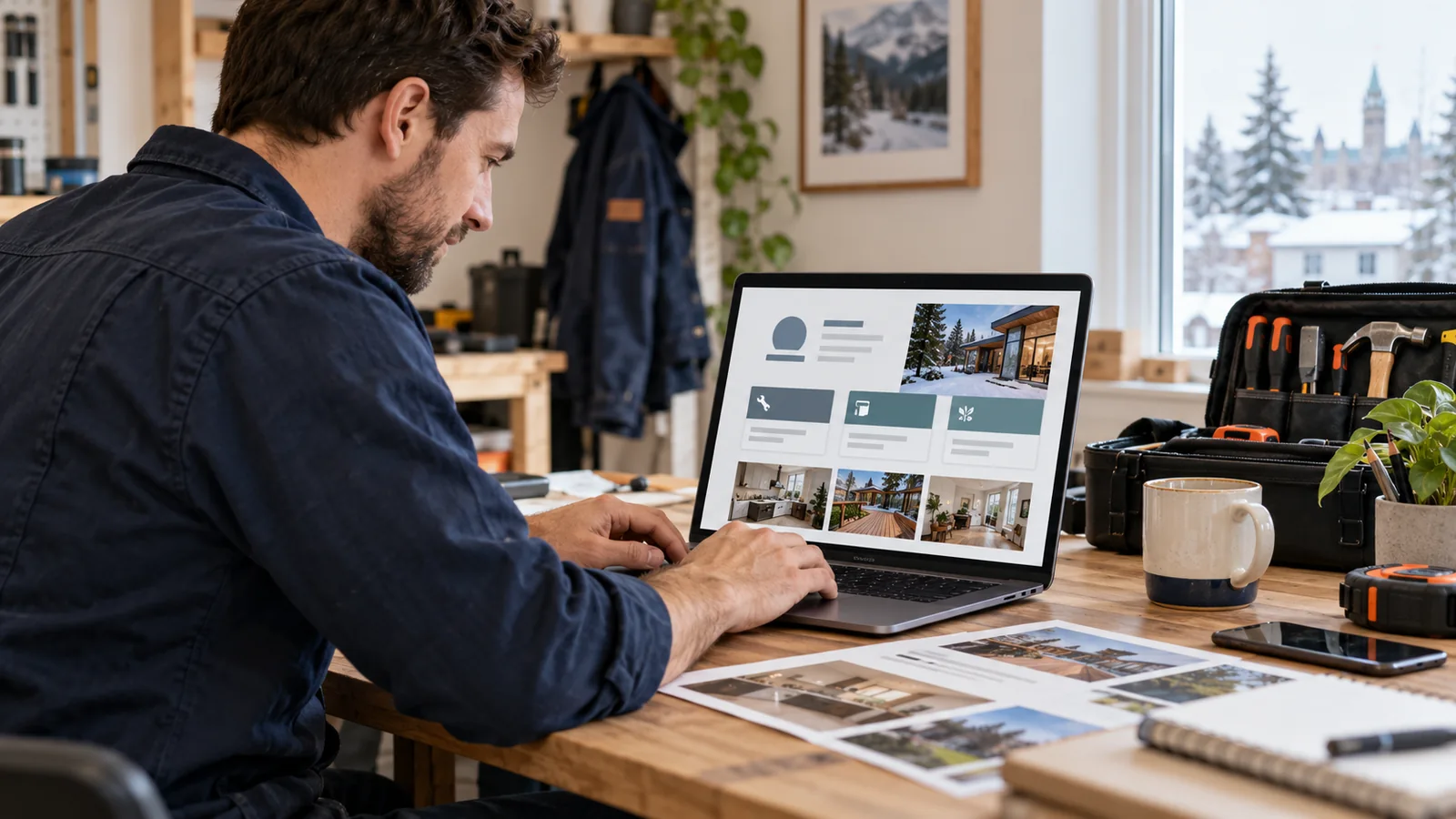 Canadian service business owner updating a company profile and portfolio on a laptop