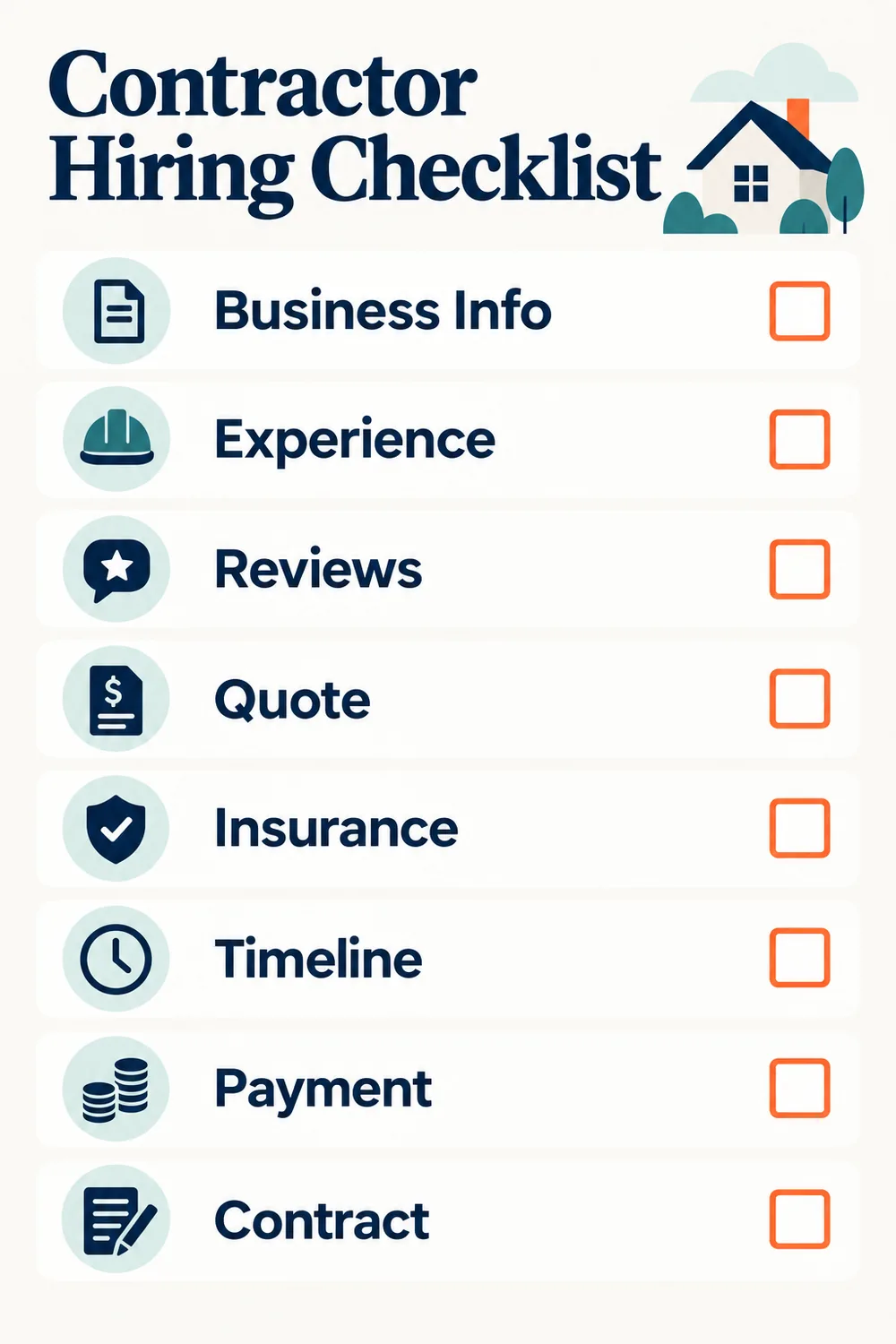 Contractor hiring checklist covering business information, experience, reviews, quote, insurance, timeline, payment and contract