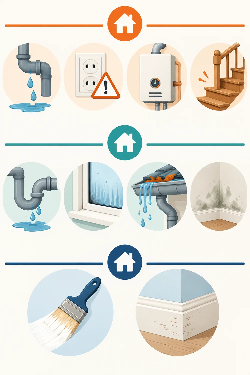 Conceptual repair priority illustration: immediate hazards, prompt assessment and routine cosmetic maintenance