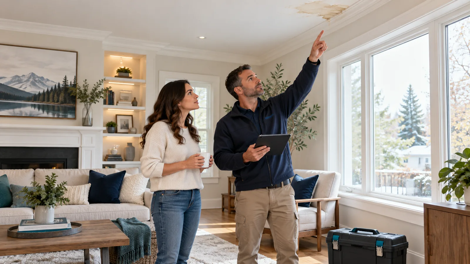 Canadian homeowner discussing a small ceiling water stain with a professional home-service contractor