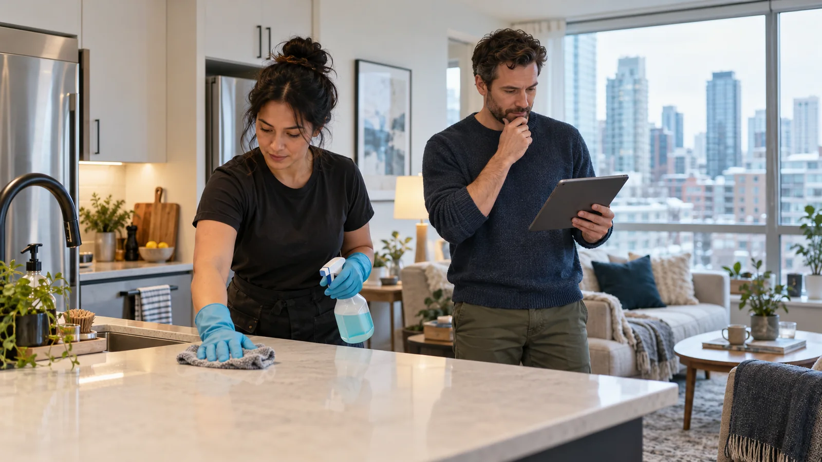 Canadian homeowner reviewing a house cleaning quote while a professional cleaner works in a modern home