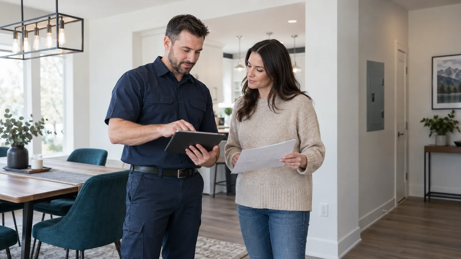 Canadian homeowner discussing a residential electrical project with a professional electrician