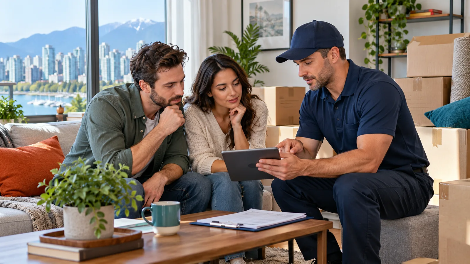 Canadian homeowners reviewing a moving estimate with a professional mover before booking
