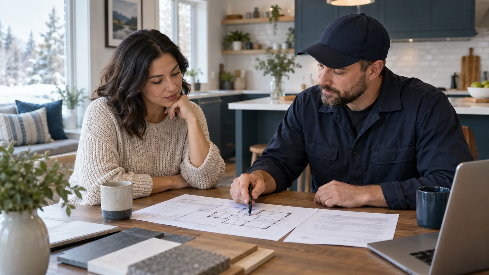 Canadian homeowner reviewing a project quote with a professional contractor before hiring