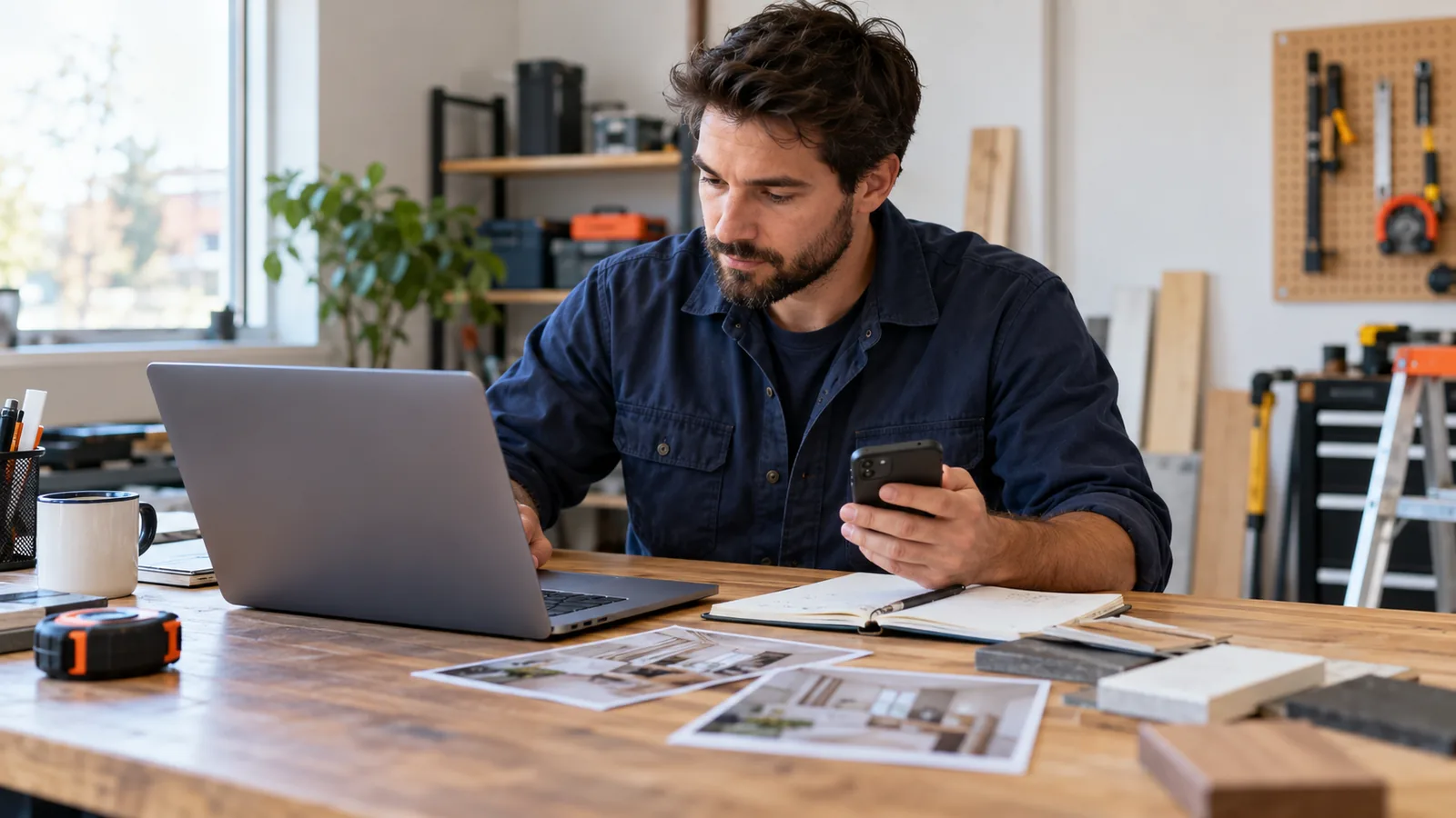 Canadian local service business owner managing online customer enquiries from a laptop and phone