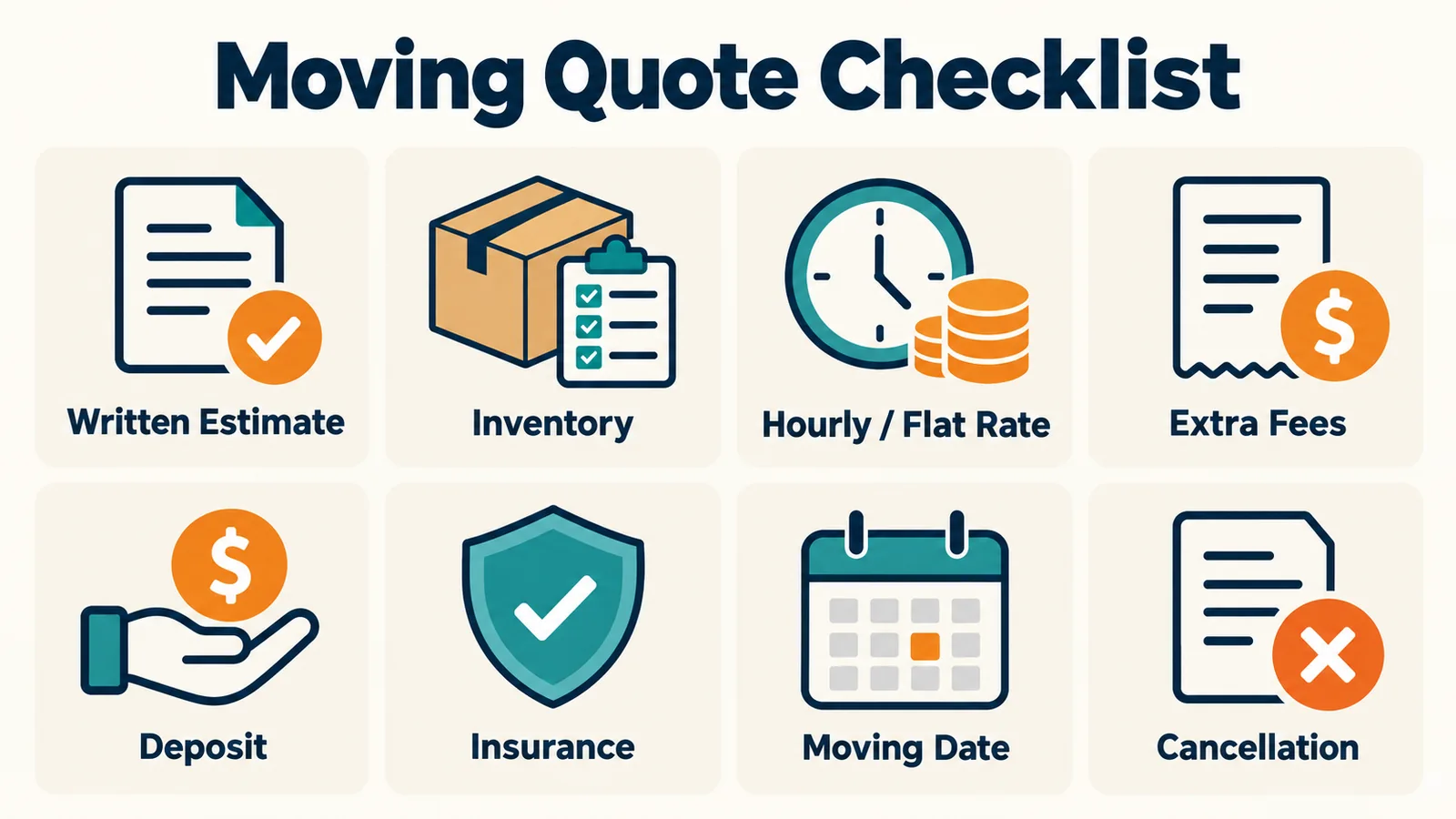 Moving quote checklist with eight items to confirm before booking