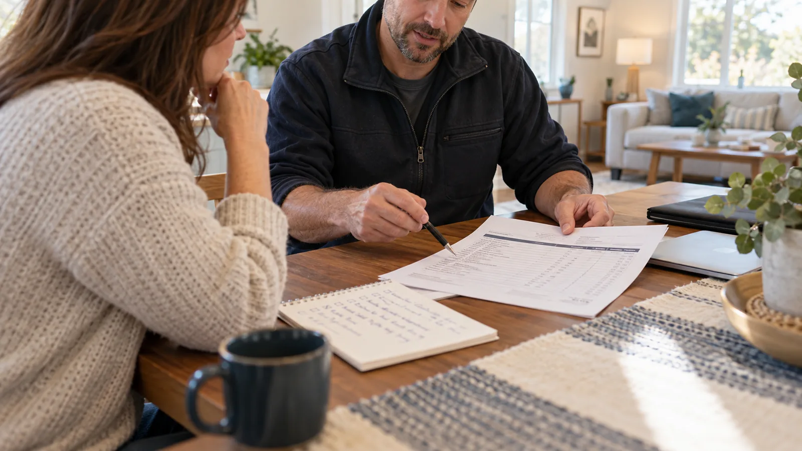 Homeowner and service professional reviewing a written service quote and checklist at a table