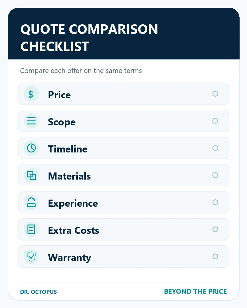 Quote comparison checklist showing price, scope, timeline, materials, experience, extra costs and warranty