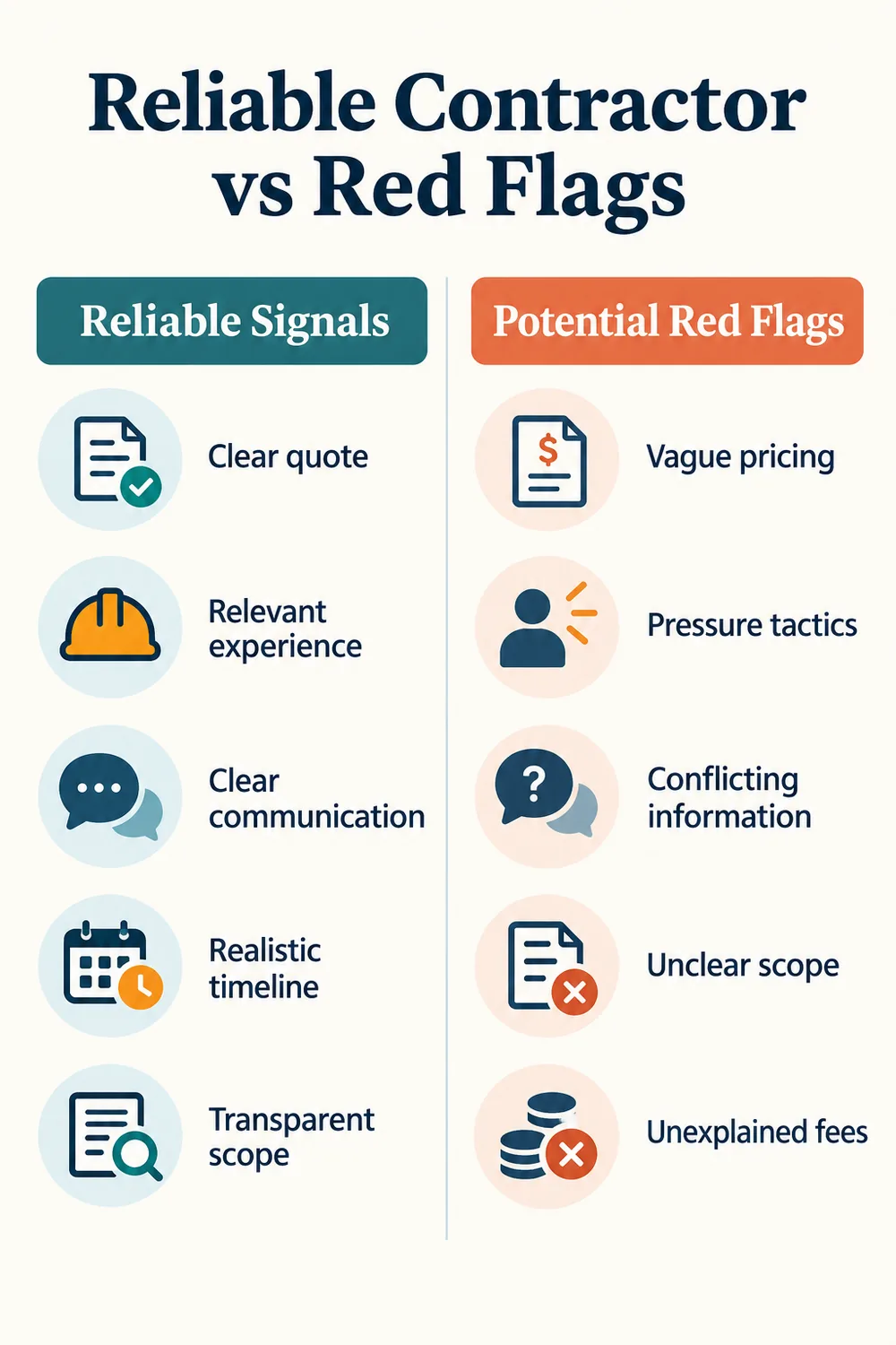 Reliable contractor signals compared with potential red flags including quotes, communication and scope