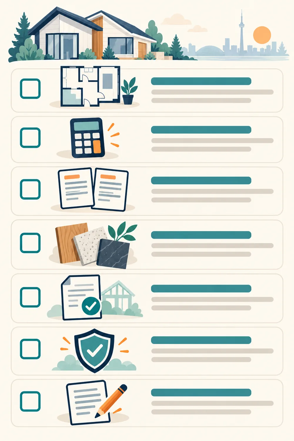 Illustrated renovation budget checklist for scope, budget, quotes, materials, permits, contingency and change orders