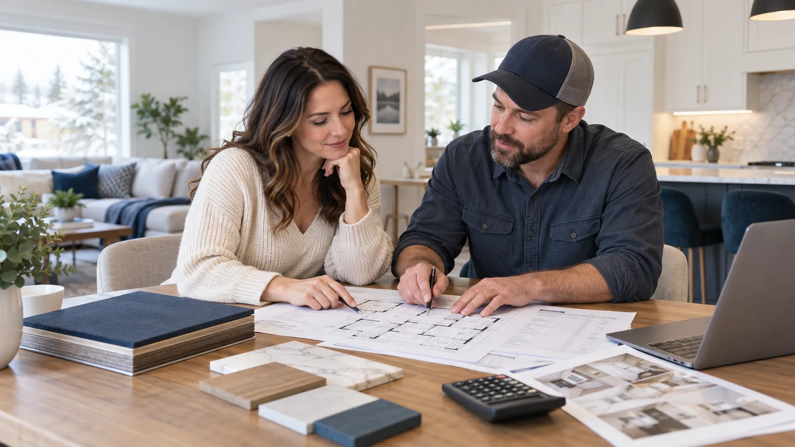 Canadian homeowner reviewing a home renovation budget and project plans with a contractor