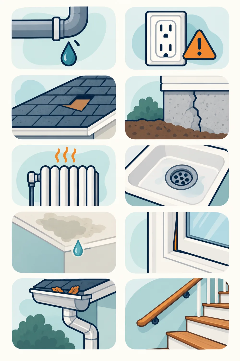 Ten illustrated home repair warning signs, including leaks, electrical concerns, roof and foundation damage, heating, drains, moisture, windows, gutters and stairs