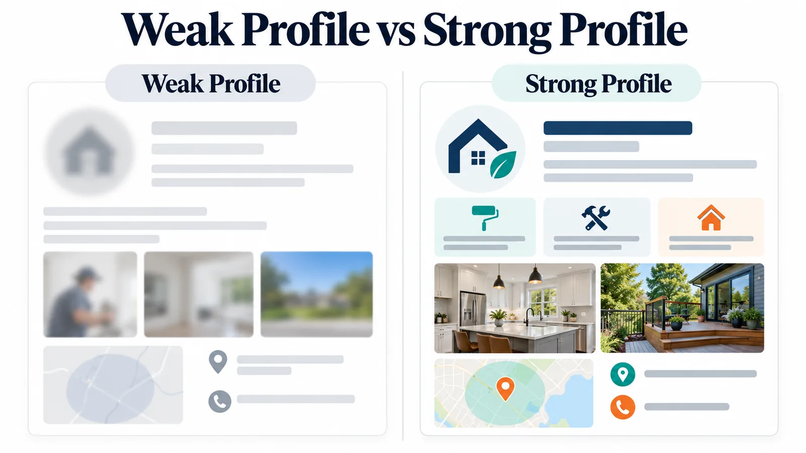 Illustrative side-by-side comparison of a vague profile and a focused profile with real work images