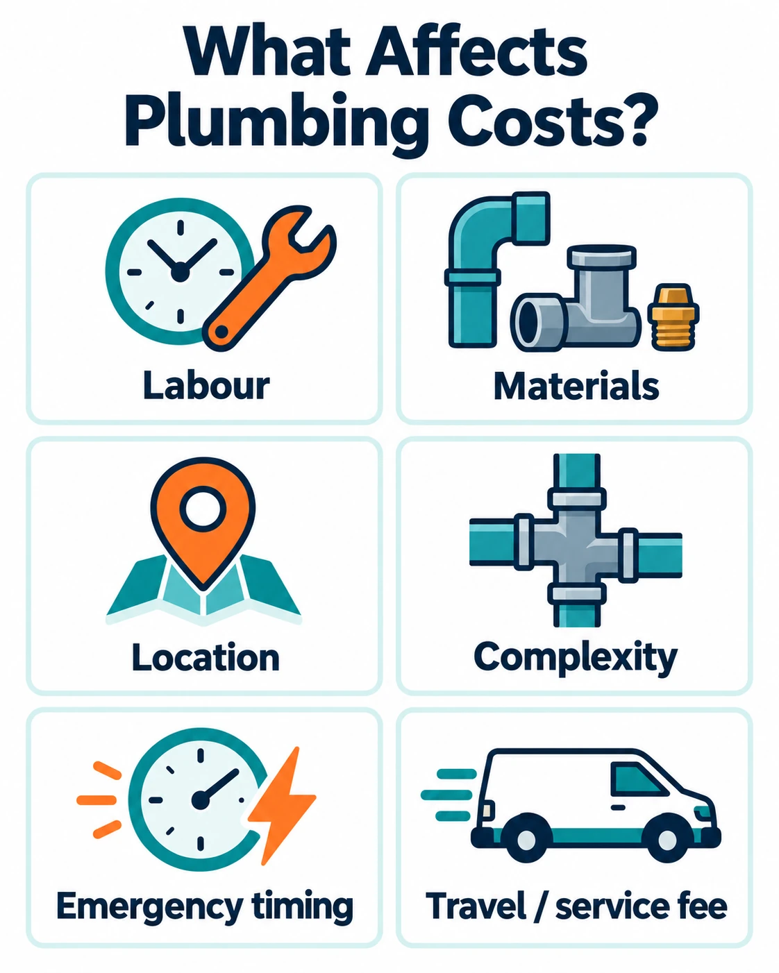 What affects plumbing costs: labour, materials, location, complexity, emergency timing and travel or service fees