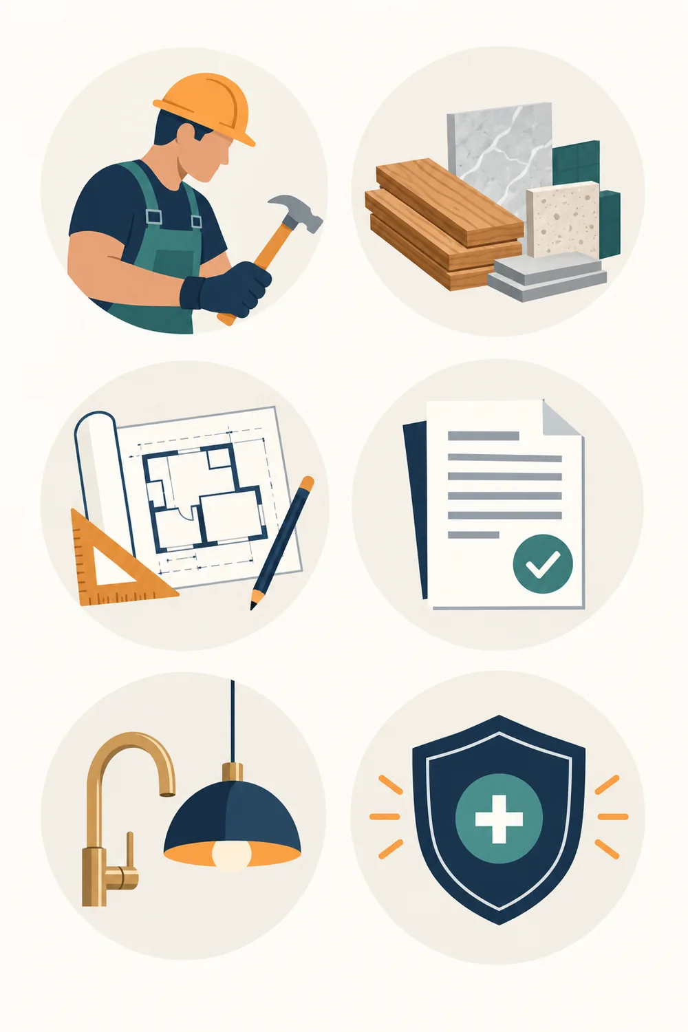 Illustrated renovation budget categories: labour, materials, professional fees, permits, fixtures and contingency