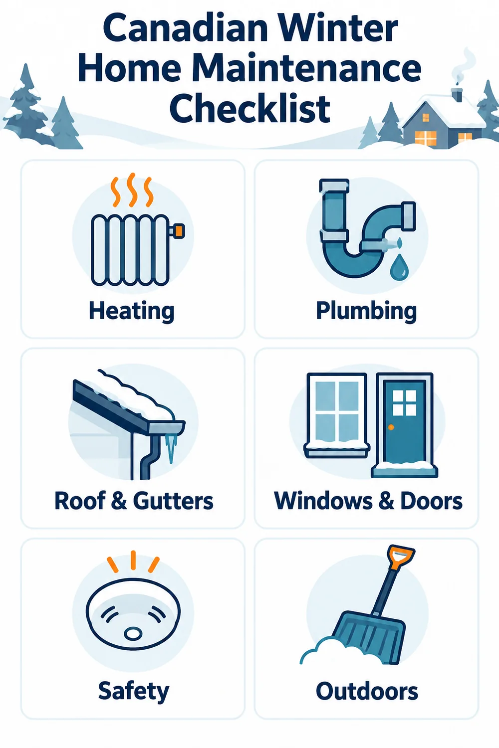 Canadian winter home maintenance checklist showing heating, plumbing, roof and gutters, windows and doors, safety, and outdoors